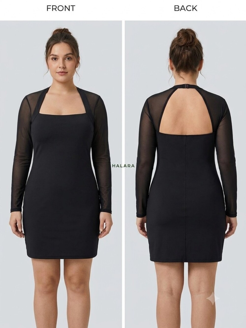 HALARA Mesh Long Sleeve Square Neck Dress